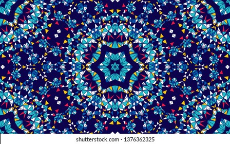 Abstract seamless pattern with kaleidoscope. Symmetric patterns of reflections of figures.
