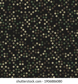 Abstract seamless pattern with khaki colored chaotic circles on dark background. Vector camouflage illustration.