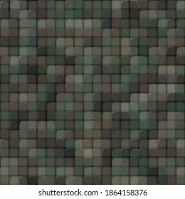 Resumen de un patrón sin fisuras con mosaicos de círculo caótico de color caqui y olivo sobre fondo oscuro. Ilustración vectorial.