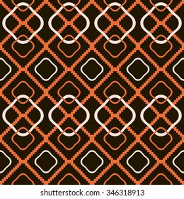 Abstract seamless pattern of knitted cells and distorted diamond shaped geometric elements with rounded corners. Orange, light beige and black colors. Vector illustration