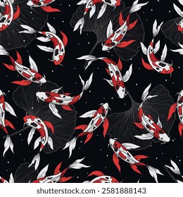 Abstract seamless pattern with koi carps. Design for card, fabric, print, greeting, cloth, poster, clothes, textile.