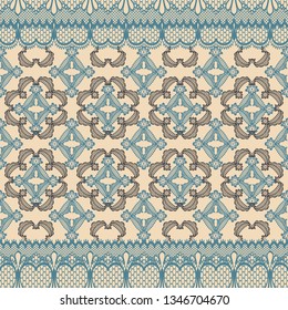Abstract seamless pattern with lacy leaves, flowers and hearts in geometric layout. Cream, smoky blue and grey vector illustration.