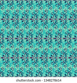 Abstract seamless pattern with lacy leaves, flowers and swirls in geometric layout. Green, pink, aqua, purple and yellow vector illustration.