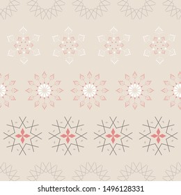 Abstract seamless pattern with lacy snowflakes. Vector illustration in shades of cream, white, coral and grey. Ideal for gifts, paper, scrapbooking and fabric.