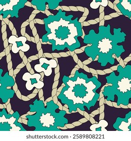 Abstract seamless pattern with large hand drawn dark turquoise flowers and rough gray rope on black background. Exotic fashion print for textile, wallpaper, wrapping-paper, cover, home decor. Vector.