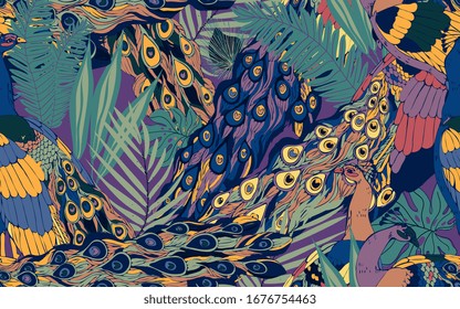 Abstract seamless pattern with large peacock tails and leaves of tropical palm trees. Vector illustration with exotic birds and plants. Lilac, purple, liolet colors.