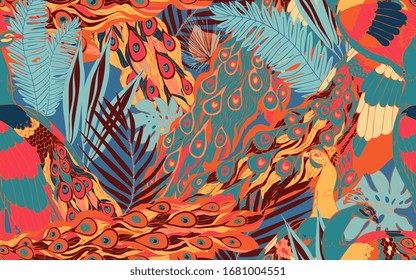 Abstract seamless pattern with large peacock tails and leaves of tropical palm trees. Vector illustration with exotic birds and plants. Red, orange, light blue colors.