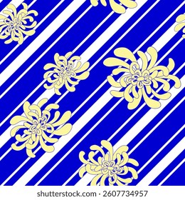 Abstract seamless pattern with large yellow chrysanthemums on striped diagonal white and blue background. Eastern collection. Vintage style. For textile, wallpaper, wrapping, cover, home decor. Vector