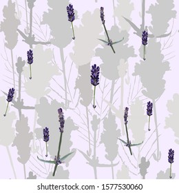 Abstract seamless pattern with lavender sprigs and plant silhouettes on a light pink background. Elements of gray shades are arranged vertically, randomly. Vector for textile, wallpaper, tile.