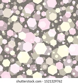 Abstract seamless pattern with layered hexagons and scratch texture. Vector illustration in shades of pink, lilac, yellow, cream and sage. Perfect for scrapbooking, fabric, wallpaper, textile, gifts, 