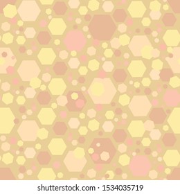 Abstract seamless pattern with layered hexagons. Vector illustration in shades of pink, lilac, yellow, tan and cream. Perfect for scrapbooking, fabric, textile, gifts, cards.