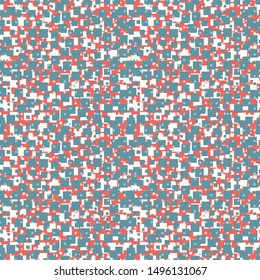 Abstract seamless pattern with layered squares, blocks, dots and tiles. Vector illustration in shades of coral, teal, pink, blue and white