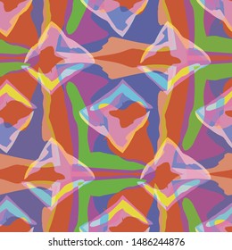 Abstract seamless pattern with layered abstract uneven rectangles. Vector illustration in shades of purple, lilac, coral, orange, yellow and lime in stylized watercolour style.
