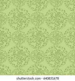 Abstract seamless pattern of leaf colored circles with ornate objects in them