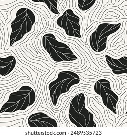 Abstractas patrón sin costuras con hojas. Estampado floral botánico en blanco y negro para papel de envolver, tela, diseño de Fondo de pantalla. textura del Vector