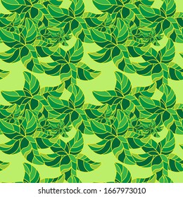 Abstract seamless pattern with leaves. For creative design fabric, wrapping paper, prints. Green-yellow decorative background.