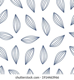 Abstract seamless pattern of leaves in doodle style and ink contour for design of textiles, fabrics, wrappers, etc. Vector illustration blue contour lines on a white background minimalistic  design