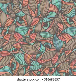 Abstract seamless pattern with leaves and eyes. Hand-drawn wavy style. Lovely muted colors (red, brown, blue). Endless texture can be used for textile products, wrapping, packaging etc.
