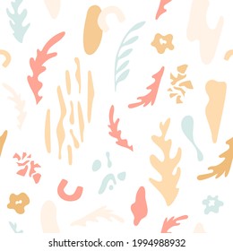 Resumen de un patrón sin fisuras con hojas, elementos florales, formas y texturas. El fondo es rosa pastel, amarillo y azul. Arte natural ingenuo.