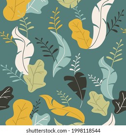 Resumen de patrón sin fisuras con hojas. Diseño floral de color oscuro. Plantas de selva exótica sobre fondo azul. Ilustración de papel, cubierta, imprenta, tela, textil, decoración interior y otros usuarios. 