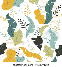 Abstract seamless pattern with leaves. Floral design in dark color. Exotic jungle plants on white background. Illustration for paper, cover, print, fabric, textile, interior decor and other users. 