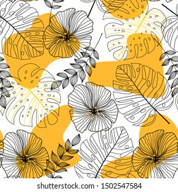 Abstract seamless pattern with leaves and flowers. Vector background, illustration for fabric, printing and Wallpaper. Yellow geometric shapes and leaves on a light background. Botanical exotic jungle