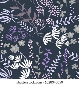 Resumen de un patrón impecable con hojas y flores. Fondo vectorial para varias superficies. Texturas dibujadas a mano de moda.