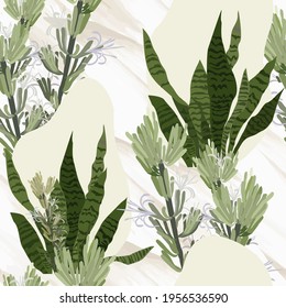 Abstract seamless pattern with leaves and flowers. Vector background for various surface. Trendy hand drawn textures.