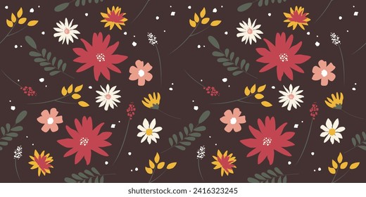 Abstract seamless pattern of leaves and flowers, digital paper, for surface design, fashion prints. Vector illustration for textile, postcard, wrapping paper, poster, background, book, t-shirt