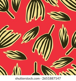 Abstract Сontemporary Seamless Pattern with Leaves and Flowers in Trendy Boho Style. Vector Botanical Texture. Seamless Pattern for Scandinavian Design. Modern Trendy Collage Template