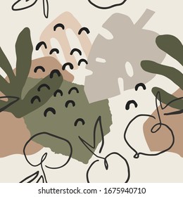 Patrón abstracto sin fisuras con hojas, frutas y elementos de diseño