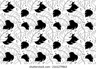 Abstract seamless pattern with leaves on white background. Repeating endless black leaves in abstract style. Modern texture print for fabric, wrapping, textile etc. Vector illustration.