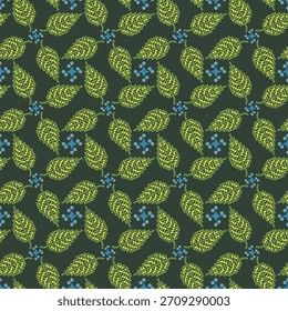 Abstract seamless pattern with leaves on a dark background. Draving with dots