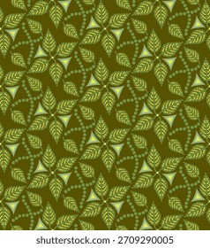 Abstract seamless pattern with leaves on a dark background. Draving with dots