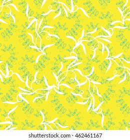 abstract seamless pattern with leaves on yellow background. Ecological green design for postcard, card, textile, wallpapers, packaging and other