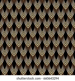 Abstract seamless pattern leaves, scales. Gold, bronze on black background. Vector illustration.