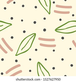 Abstract seamless pattern with leaves, short lines and round spots drawn by hand. Modern print. Vector illustration.