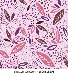 Abstract seamless pattern with leaves. Vector pink background for various surface. Trendy hand drawn textures. Illustration. For print, wallpapers, fashion, backgrounds, textures, DIY, wrappers, cards