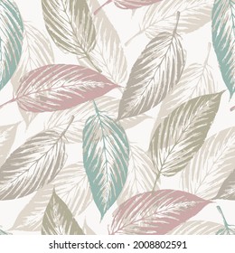 Abstract seamless pattern with leaves. Vector background for various surface. Trendy spring leaves textures on white background.can be used for textile.Seamless stylish leaves pattern