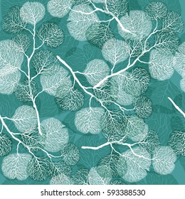 Abstract seamless pattern with leaves. Vector background in turquoise and white colors. Natural texture.