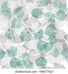 Abstract seamless pattern with leaves. Vector background in turquoise, gray and white colors. Natural texture.