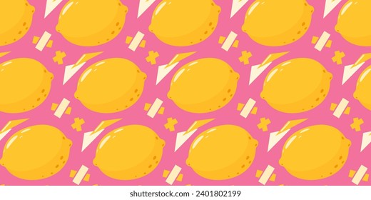 Abstract seamless pattern with lemons, geometric shapes. Summer fruit vector illustration on isolated background for paper, cover, fabric, gift wrap. Cartoon flat style