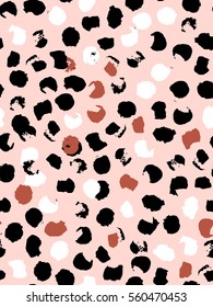 Abstract seamless pattern of leopard spots in black, red, white and pink. Ink and brush. Hand drawn. Vector illustration.