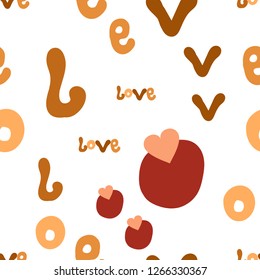 Abstract Seamless Pattern Of Letter  And  Word Love In A Different Colours And Heart On A Dot. Elements are not cropped. Pattern under the mask. Perfect design for textile, box, posters, cards, web.