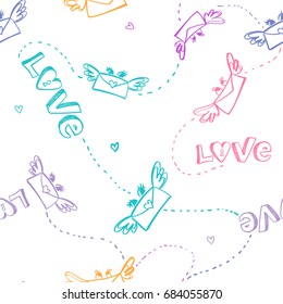 Abstract seamless pattern with letters and sketch hand drawn word love, hearts. cute girlish repeated backdrop. Valentine's day style. Romantic childish wallpaper for textile, clothes, wrapping paper