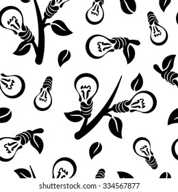 Abstract seamless pattern of light bulb with leaves. Energy saving or eco friendly concept design
