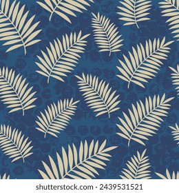 Abstract seamless pattern with light palm leaves on a dark blue texture background. Great design for fabric, wallpaper, wrapping paper, linens. Vector illustration.