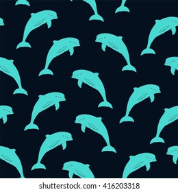 Abstract seamless pattern with light-blue dolphins, marine illustration, perfect image for wall paper, cover, cartoon and fabric design, vector illustration