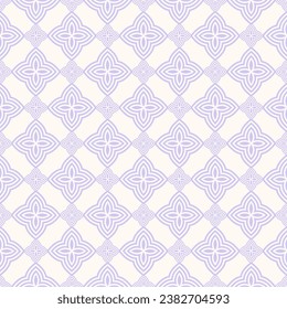 Abstract seamless pattern with lilac geometric floral shapes on white.  Repeat texture with oriental arabesque motifs. Simple vector ornament background for textile, wallpaper, decor, print, fabric
