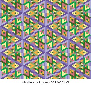 Abstract seamless pattern with lilac, pink, green and yellow kaleidoscope. Colorful vector illustration. Decorative multicolor background. Ornamental modern backdrop. Oriental mandala. Arabian style.
